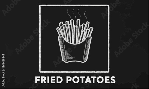 Fried potatoes served in a carton holder with steam on a chalkboard background