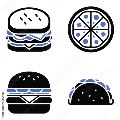 Vector art of set of four fast food icons, including two burgers, pizza, and a taco