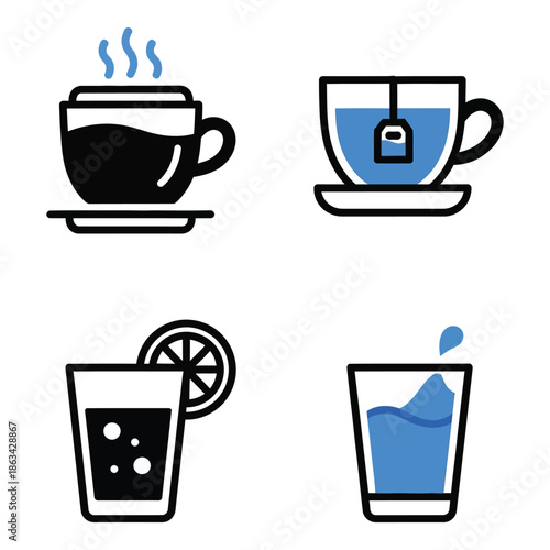 Vector art of four beverage icons, including hot coffee, tea, juice, and water