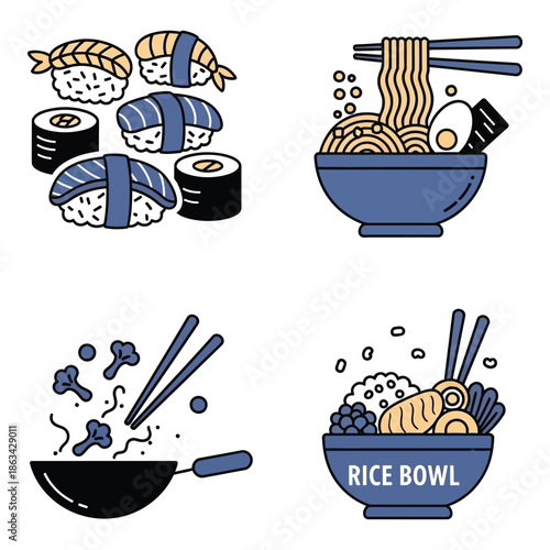 Vector art of collection of japanese food icons in blue and black