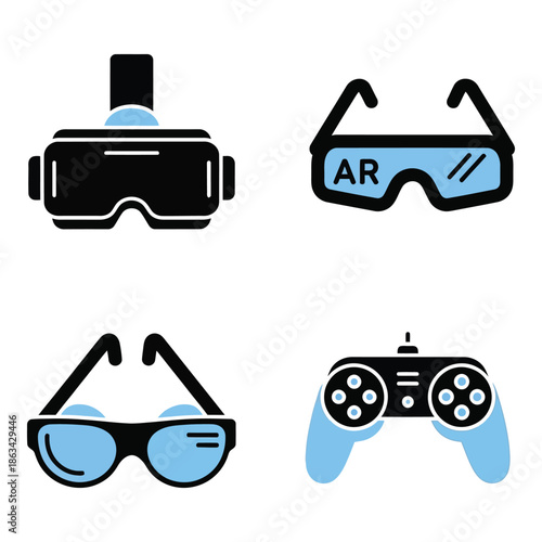 Vector art of set of four flat icons related to gaming and virtual reality