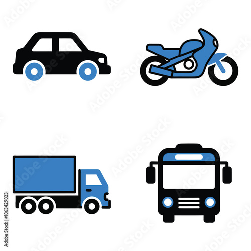 Vector art of set of four vehicle icons including car, motorcycle, truck, and bus
