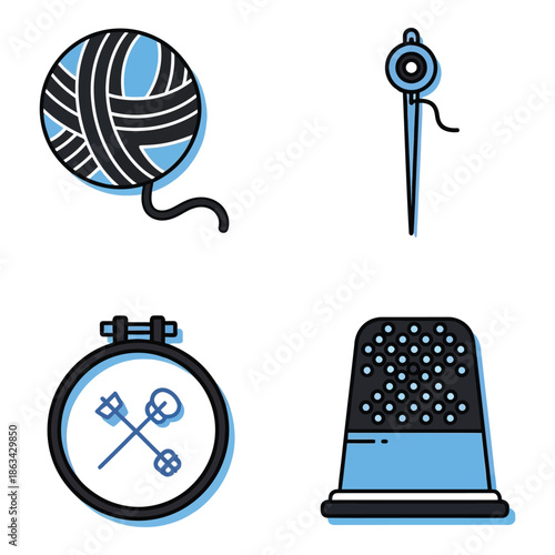 Vector art of set of four sewing tools including a ball of yarn, needle with thread, embroidery hoop, and thimble