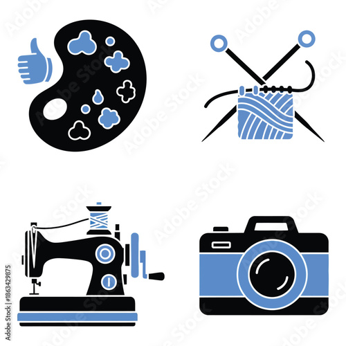 Vector art of set of four creative hobby icons including a painting palette, knitting, sewing machine, and camera