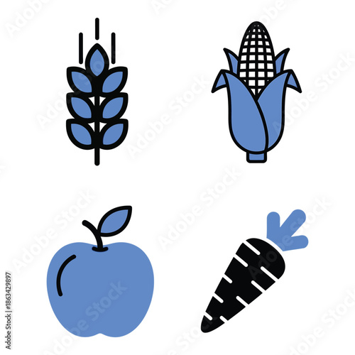 Vector art of set of four flat icons representing agriculture wheat, corn, apple, and carrot