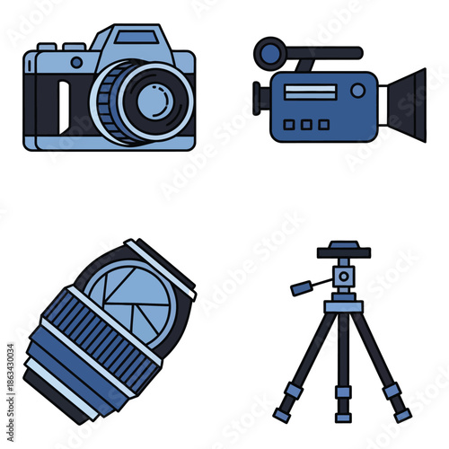 Vector art of set of four icons for photography and videography camera, camcorder, lens, and tripod