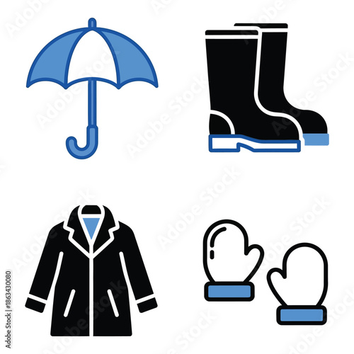 Vector art of set of four weather protection icons umbrella, rain boots, coat, and mittens