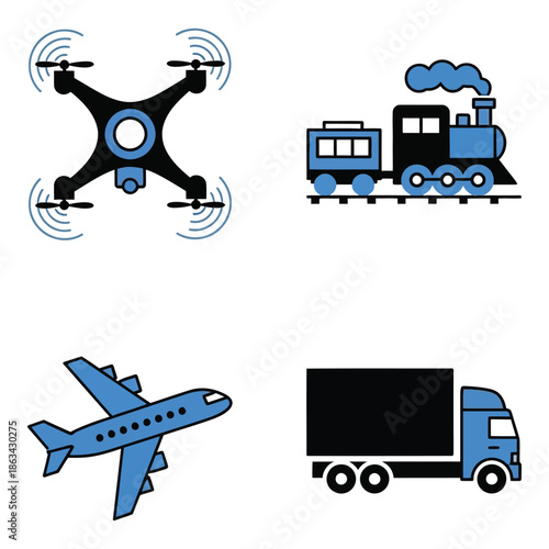 Vector art of set of four icons representing different modes of transportation