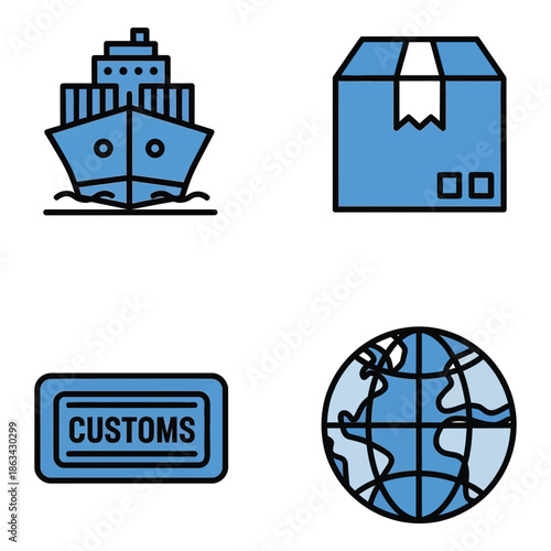 Vector art of set of four blue icons representing international shipping and customs