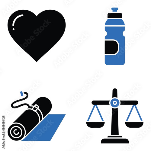 Vector art of set of health and fitness icons including heart, water bottle, yoga mat, and scales