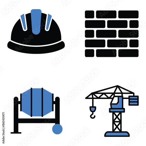 Vector art of construction icons including a hard hat, brick wall, concrete mixer, and crane, isolated on a