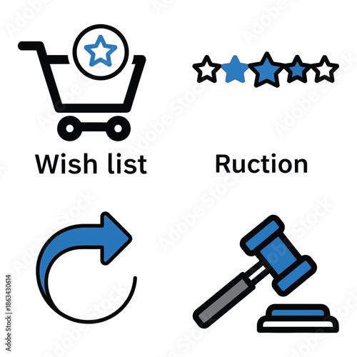 Vector art of ecommerce and auction icons including shopping cart, rating, refresh, and gavel