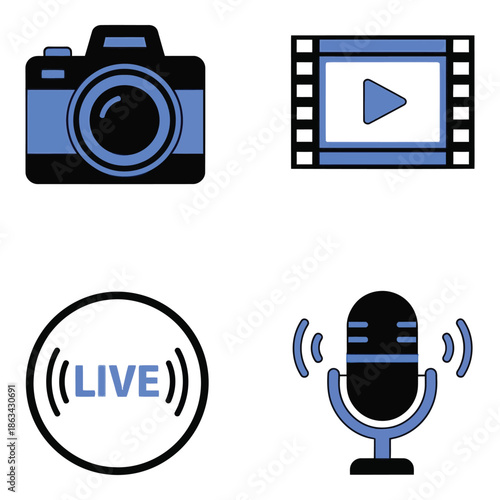 Vector art of four media and broadcasting icons camera, video player, live symbol, and microphone