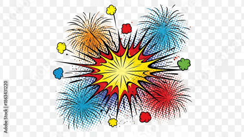Vibrant colorful fireworks exploding in dynamic comic style