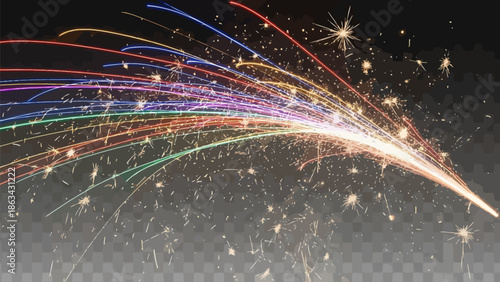 Vibrant colorful sparks and fireworks exploding in dark night sky