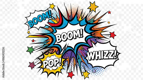 Vibrant comic book explosion with BOOM, POP, and WHIZZ effects