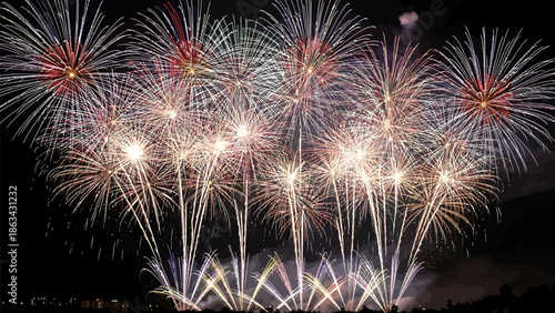 Vibrant fireworks exploding in night sky with colorful lights