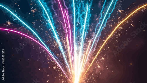 Vibrant fireworks explode in colorful night sky with sparks