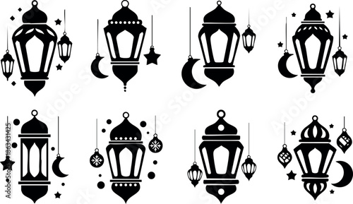 Islamic lantern vector set with crescent moon and star decorations for festive design and cultural celebration