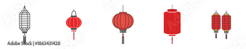 Chinese Lantern Lunar Festival Traditional Red Hanging Flat Vector Icon Collection