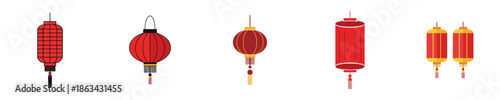 Chinese Lantern Lunar Festival Traditional Red Hanging Flat Vector Icon Collection