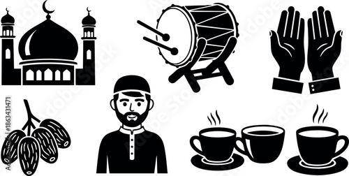 Islamic culture vector set with mosque, praying hands, dates, man, drum, and tea cups illustration collection