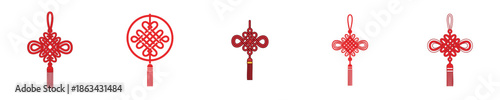 Chinese Knot Lunar Festival Traditional Red Lucky Symbol Flat Vector Icon Set