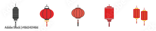 Chinese Lantern Lunar Festival Traditional Red Hanging Flat Vector Icon Design Set
