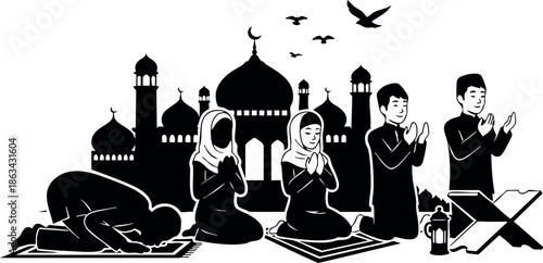 Muslim family praying together in mosque silhouette vector with birds flying and prayer mats illustration