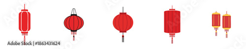 Chinese Lantern Lunar Festival Traditional Red Hanging Flat Vector Icon Set