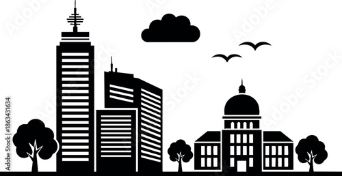 City skyline with modern buildings and trees silhouette in black and white vector design