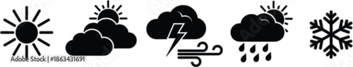 Weather icon set with sun, clouds, rain, storm, wind, and snow symbols, black silhouette forecast icons for apps, websites, infographics, and meteorology design projects