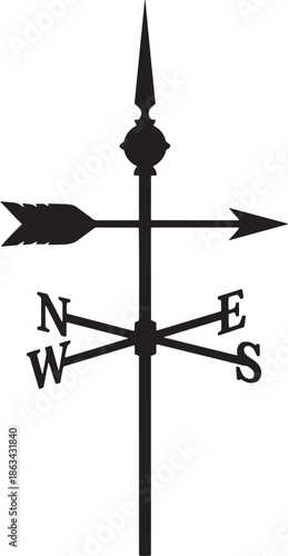 Black weathervane silhouette with compass directions, isolated