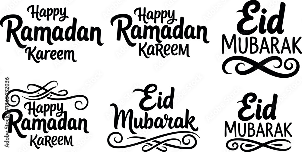 Fototapeta premium Ramadan Kareem and Eid Mubarak calligraphy vector designs for festive greetings and celebration messages in elegant style