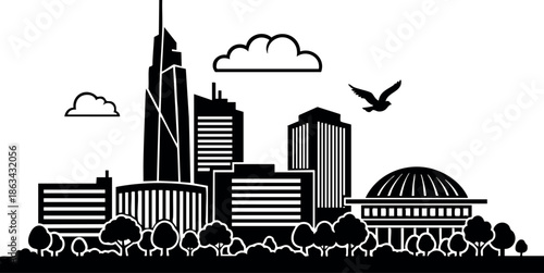 Modern city skyline silhouette with skyscrapers dome and trees vector illustration in black and white