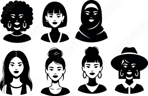 Diverse female avatars collection showing various ethnicities and headwear styles in black silhouette vector design