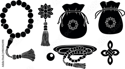 Prayer beads set with pouch and tassel vector illustration for spiritual meditation and religious practice