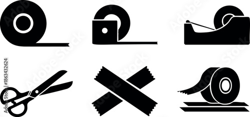 Adhesive tape icons set with scissors and tape dispenser vector illustration in black and white style