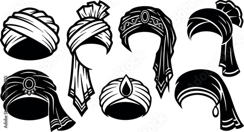 Traditional male turban hats with various styles and designs vector illustration set