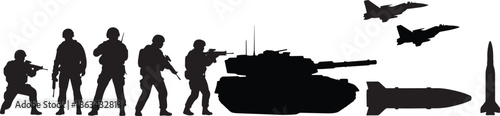 Military forces and equipment silhouettes, black vector illustration.