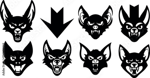 Set of fierce wild fox head silhouettes with various expressions and sharp features in black and white vector style illustration