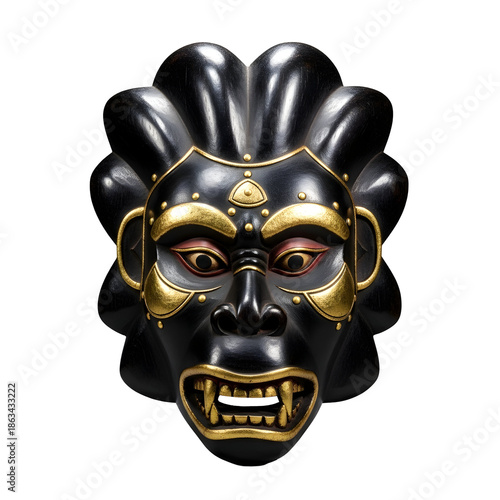 Ancient Japanese Noh Mask with Fierce Expression and Gold Accents.