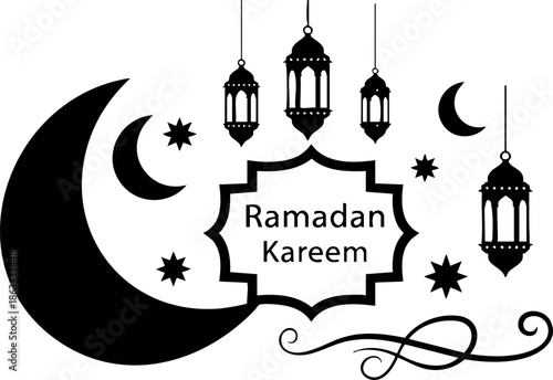 Ramadan Kareem crescent moon stars and hanging lanterns festive Islamic celebration vector design