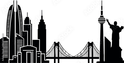 City skyline with modern buildings bridge and famous landmark silhouette vector illustration