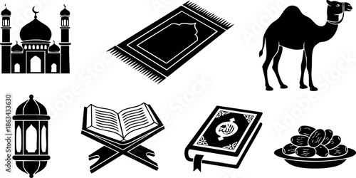 Islamic culture vector icons with mosque camel lantern prayer rug and holy book design elements