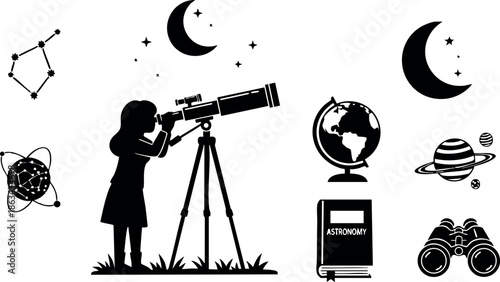 Child observing night sky through telescope with astronomy book globe and planets vector illustration