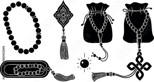 Collection of black silhouette prayer beads pouch tassel and religious symbols vector illustration set