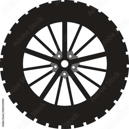 Detailed Black All-Terrain Vehicle or Mountain Bike Tire Vector Graphic, Rugged Rubber Wheel with Spokes for Automotive, Cycling, and Off-Road Adventure Design, Isolated Mechanical Element