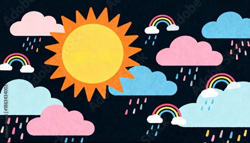 A vibrant illustration featuring a sun, colorful clouds, rain, and rainbows against a dark background, evoking a cheerful, whimsical atmosphere.