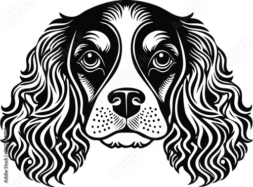 Artistic Black and White Cavalier King Charles Spaniel Dog Portrait Vector Illustration for Pet Shop Branding, Breed Specific Club Logo, Canine Lover Apparel Design, and Detailed Animal Head Icon.